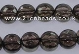 CSQ124 12mm faceted flat round grade AA natural smoky quartz beads