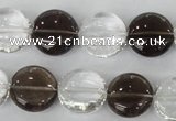 CSQ151 15.5 inches 15mm flat round white crystal & smoky quartz beads