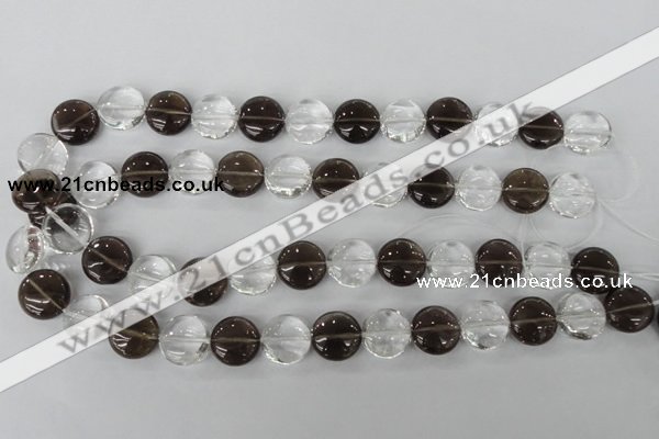 CSQ151 15.5 inches 15mm flat round white crystal & smoky quartz beads