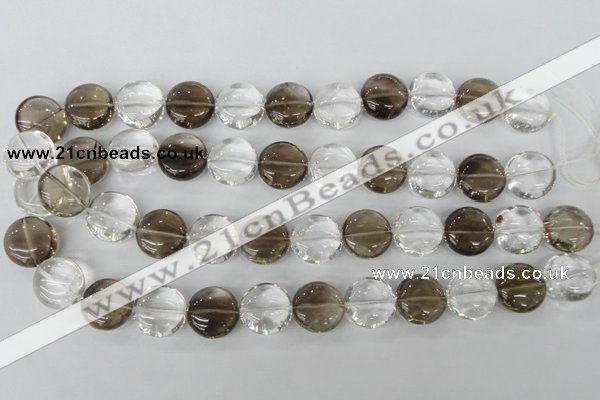 CSQ152 15.5 inches 18mm flat round white crystal & smoky quartz beads