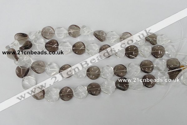 CSQ153 15.5 inches 16mm twisted coin white crystal & smoky quartz beads