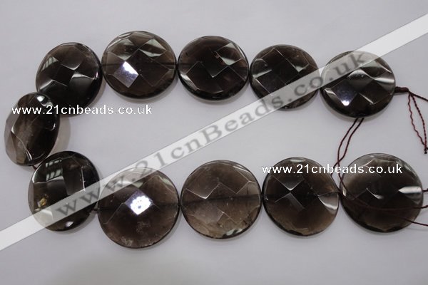 CSQ222 15.5 inches 35mm faceted coin grade AA natural smoky quartz beads