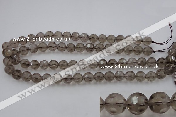 CSQ253 15.5 inches 12mm carved round matte smoky quartz beads