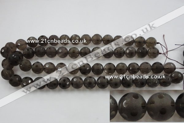 CSQ254 15.5 inches 14mm carved round matte smoky quartz beads