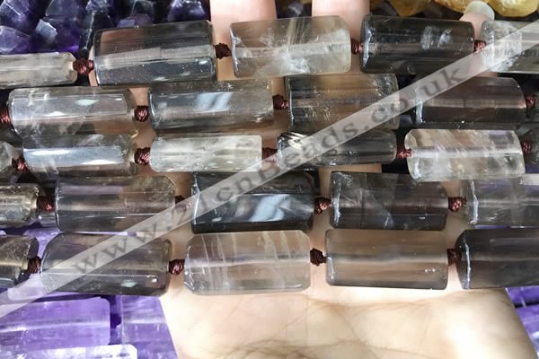 CTB672 14*27mm - 15*28mm faceted flat tube smoky quartz beads