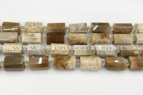 CTB890 15.5 inches 13*25mm - 14*19mm faceted tube fossil coral beads