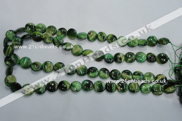 CTE1062 15.5 inches 12mm flat round dyed green tiger eye beads