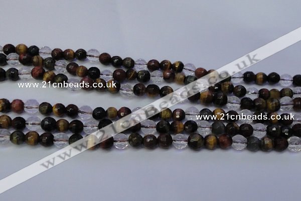 CTE1131 15 inches 6mm faceted round mixed tiger eye & white crystal beads