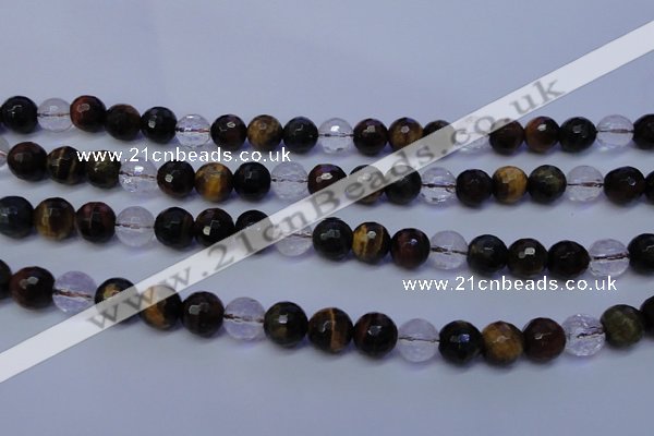 CTE1132 15 inches 8mm faceted round mixed tiger eye & white crystal beads