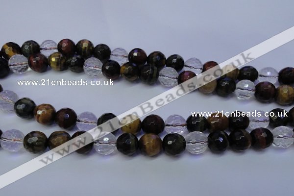 CTE1133 15 inches 10mm faceted round mixed tiger eye & white crystal beads