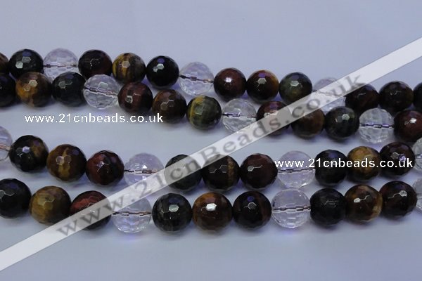 CTE1134 15 inches 12mm faceted round mixed tiger eye & white crystal beads