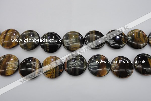 CTE1352 15.5 inches 30mm flat round yellow & blue tiger eye beads