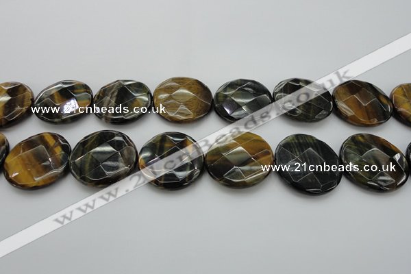 CTE1358 15.5 inches 30mm faceted coin yellow & blue tiger eye beads