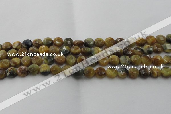 CTE1573 15.5 inches 10mm faceted coin golden & blue tiger eye beads