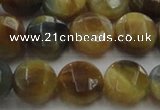 CTE1574 15.5 inches 12mm faceted coin golden & blue tiger eye beads