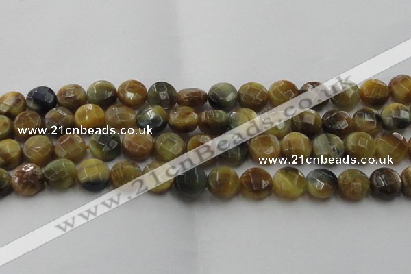 CTE1575 15.5 inches 14mm faceted coin golden & blue tiger eye beads