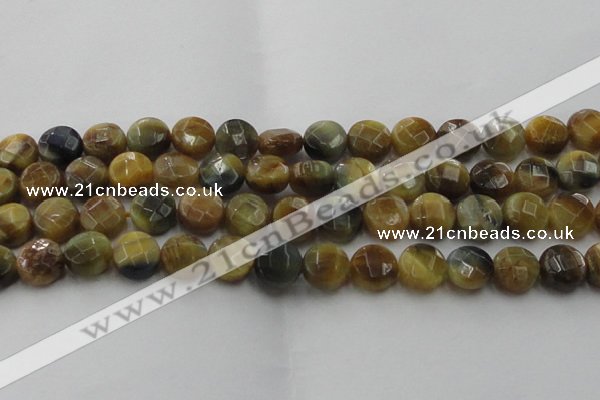 CTE1575 15.5 inches 14mm faceted coin golden & blue tiger eye beads