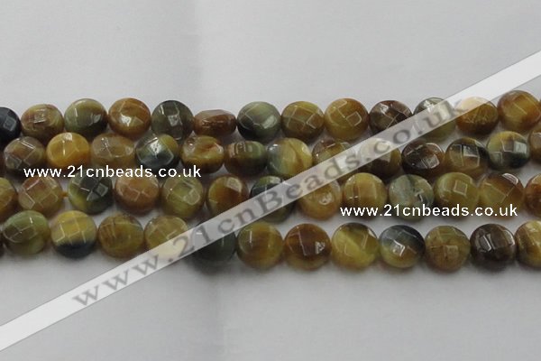 CTE1576 15.5 inches 16mm faceted coin golden & blue tiger eye beads