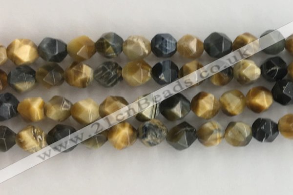 CTE2128 15.5 inches 12mm faceted nuggets golden & blue tiger eye beads