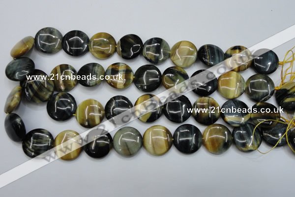 CTE565 15.5 inches 20mm flat round golden & blue tiger eye beads