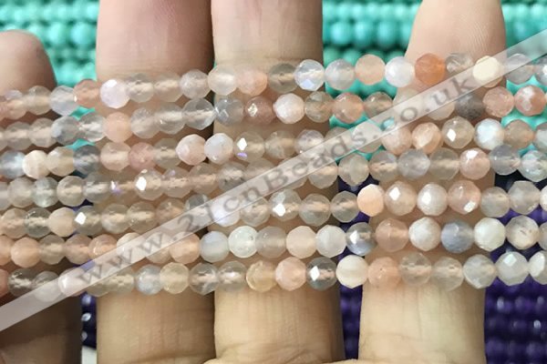 CTG1207 15.5 inches 4mm faceted round tiny rainbow moonstone beads