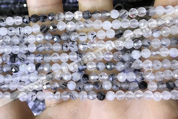 CTG1534 15.5 inches 4mm faceted round black rutilated quartz beads