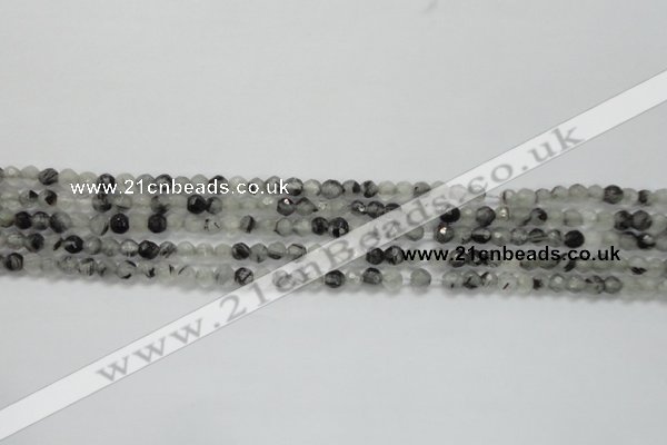 CTG208 15.5 inches 4mm faceted round tiny black rutilated quartz beads