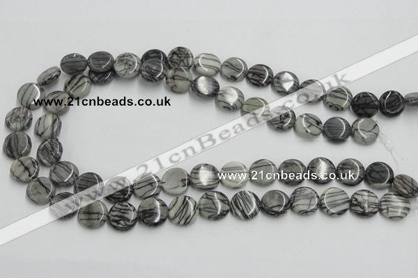 CTJ07 16 inches 14mm flat round black water jasper beads wholesale