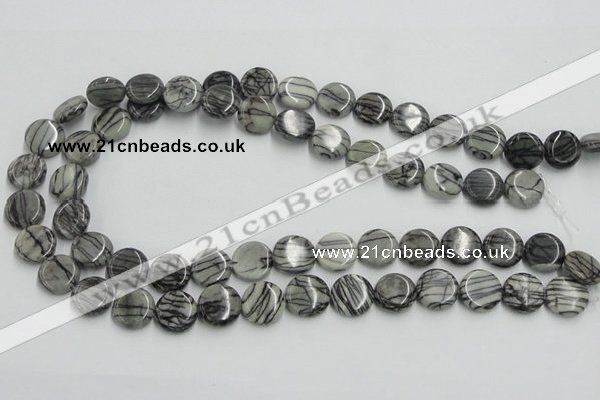 CTJ07 16 inches 14mm flat round black water jasper beads wholesale