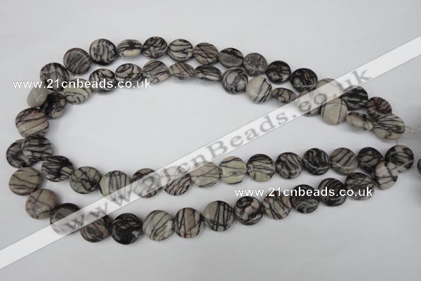 CTJ205 15.5 inches 13mm flat round black water jasper beads wholesale