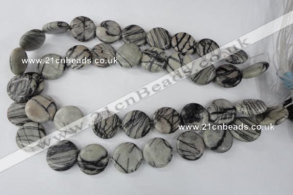 CTJ208 15.5 inches 20mm flat round black water jasper beads wholesale