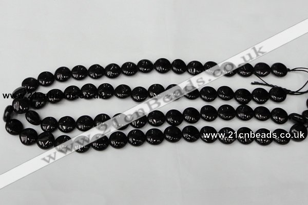 CTO128 15.5 inches 12mm flat round black tourmaline beads