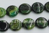 CTP08 15.5 inches 14mm flat round yellow green pine gemstone beads