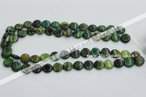 CTP08 15.5 inches 14mm flat round yellow green pine gemstone beads
