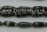 CTR10 15.5 inches 6*16mm faceted teardrop green silver line jasper beads