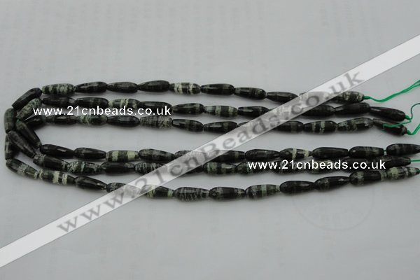 CTR10 15.5 inches 6*16mm faceted teardrop green silver line jasper beads