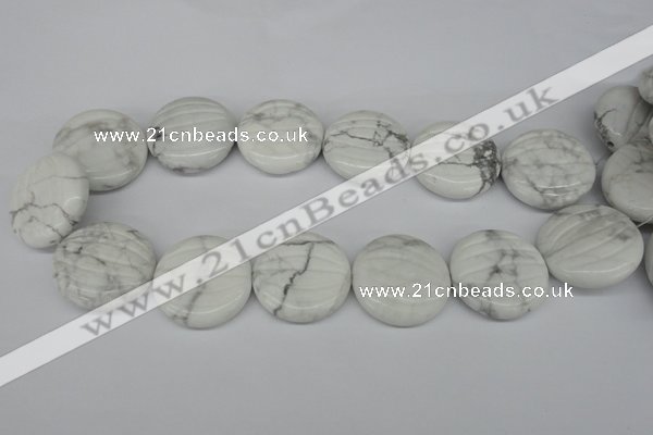 CWB65 15.5 inches 30mm carved coin natural white howlite beads