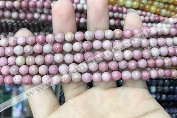 CWF09 15.5 inches 4mm faceted round pink wooden fossil jasper beads