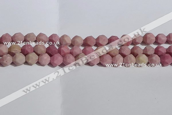 CWF33 12mm faceted nuggets matte pink wooden fossil jasper beads