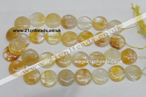 CYC07 15.5 inches 25mm flat round yellow crystal quartz beads