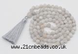 GMN1003 Hand-knotted 8mm, 10mm matte white crazy agate 108 beads mala necklaces with tassel