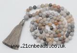 GMN1005 Hand-knotted 8mm, 10mm matte bamboo leaf agate 108 beads mala necklaces with tassel