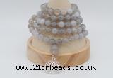 GMN1189 Hand-knotted 8mm, 10mm grey banded agate 108 beads mala necklaces with charm