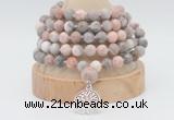 GMN1262 Hand-knotted 8mm, 10mm pink zebra jasper 108 beads mala necklaces with charm