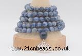 GMN1283 Hand-knotted 8mm, 10mm blue spot stone 108 beads mala necklace with charm