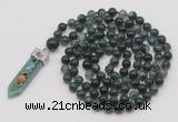 GMN1424 Hand-knotted 8mm, 10mm moss agate 108 beads mala necklace with pendant