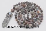 GMN1427 Hand-knotted 8mm, 10mm Botswana agate 108 beads mala necklace with pendant