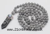 GMN1444 Hand-knotted 8mm, 10mm grey picture jasper 108 beads mala necklace with pendant