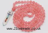 GMN1458 Hand-knotted 8mm, 10mm cherry quartz 108 beads mala necklace with pendant