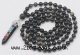 GMN1475 Hand-knotted 8mm, 10mm golden obsidian 108 beads mala necklace with pendant